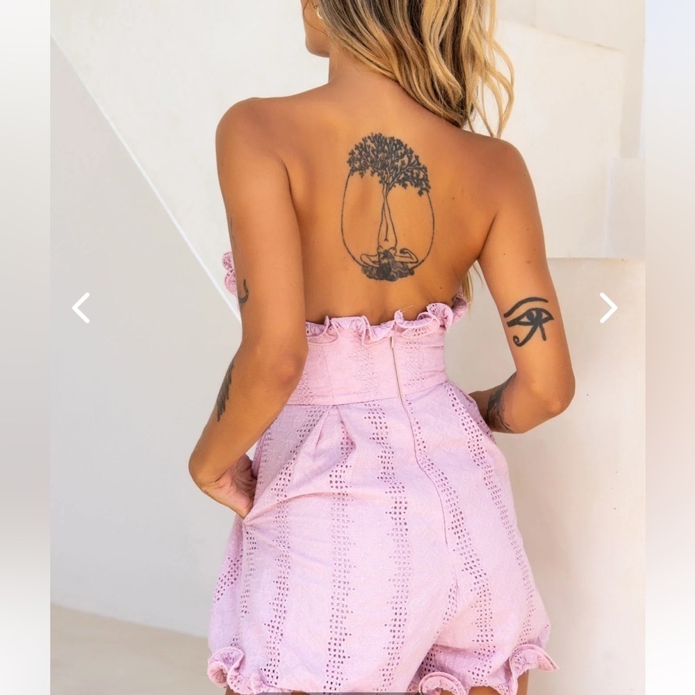Daphne Debbie Women’s Pink Strapless Romper Frill Trim Size Small Blush Eyelet - Picture 2 of 10